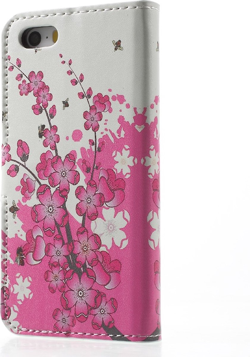 Peachy Bloesem Bijen geschikt voor iPhone 5 5s SE 2016 kunstlederen Wallet Bookcase hoesje - Roze Wit