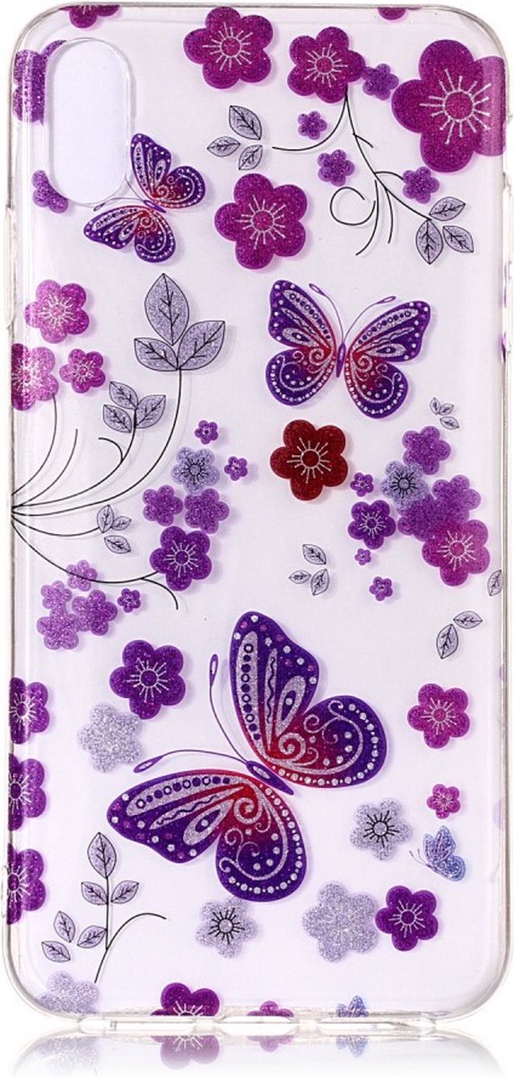 Peachy Doorzichtig geschikt voor Bloemen en Vlinder iPhone XS Max - Paars