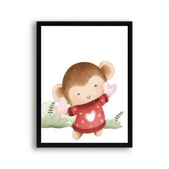 Poster Liefde Aapje Monkey - hartje / liefde geven / Jungle / Safari / Dieren Poster / Babykamer - Kinderposter 30x21cm
