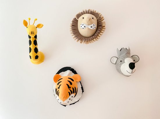 Tijger, Giraf, Leeuw of Beer - PRIJS voor 1 dierenkop -  Vilt stof - Handgemaakt - Kinderkamer Babykamer Woondecoratie Muurdecoratie  - Woon accessoires - Aankleding muur