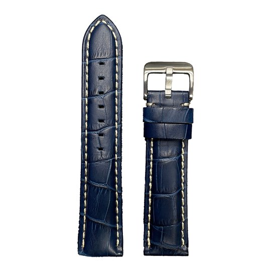 Horlogeband - 22mm - Donker Blauw - Echt leer in croco print - Roestvrijstalen gesp