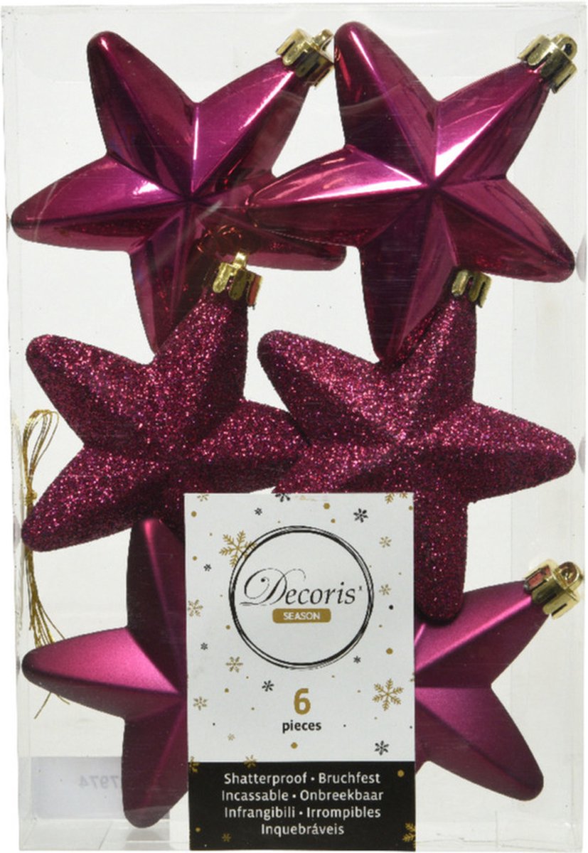 Decoris kersthanger sterren - 6x st - framboos roze - 7 cm - kunststof - kerstornamenten - kerstversiering