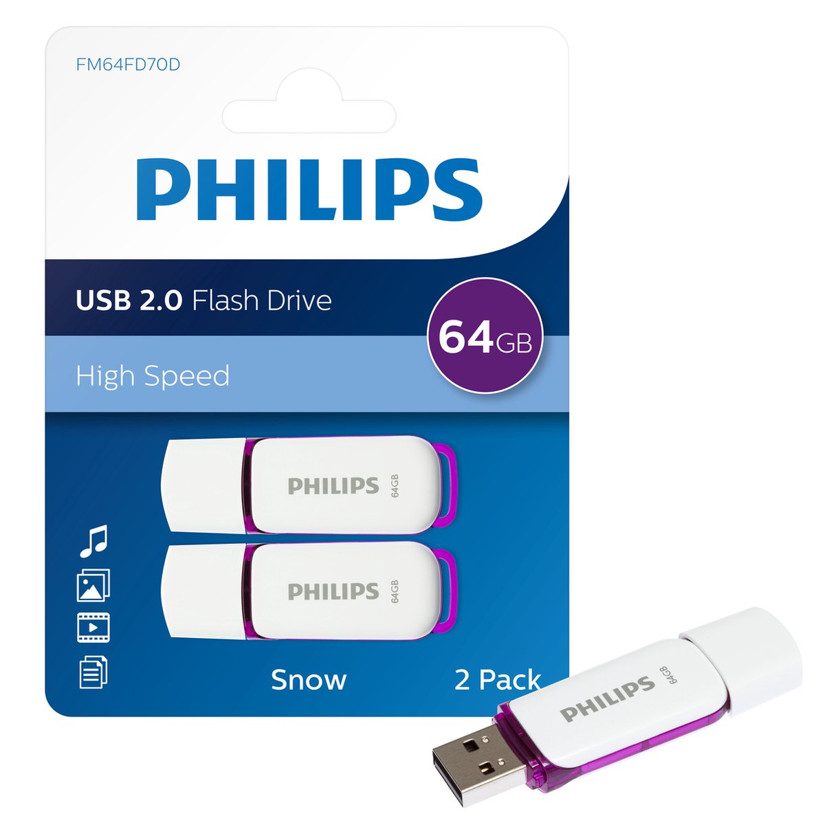 Philips USB Stick Snow Edition 64GB - USB2.0, Magic Purple, 2-Pack | bol.com