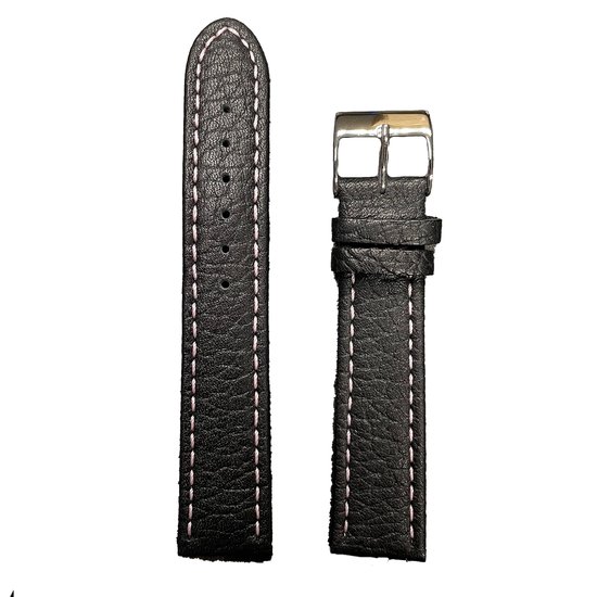 Horlogeband - 20mm - Zwart ( Licht roze stiksels ) - Echt leer - Roestvrijstalen gesp