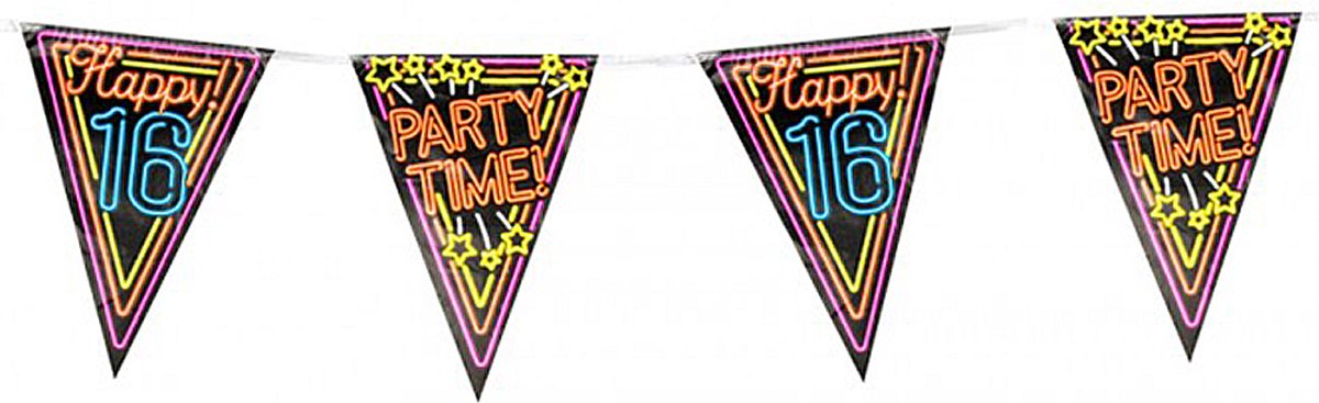 Vlaggenlijn 16 jaar - Vlaggetjes - Verjaardag - Sweet 16 - Versiering - Decoratie - Jongens - Meisjes - Neon - Folie - multicolor