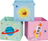 SONGMICS Opbergboxen, set van 3, speelgoed organizer, vouwboxen, stoffen dozen met handvaten, voor kinderkamers, speelkamers, 30 x 30 x 30 cm, met ruimte motieven, blauw, groen en roze RFB001