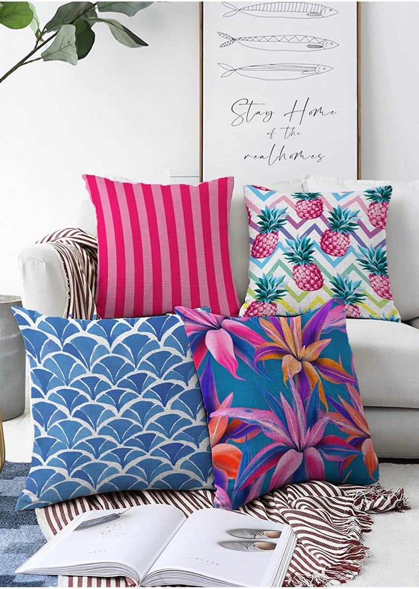 Sierkussens set 4 stuks - INCLUSIEF BINNENKUSSENS 45x45 cm - blauw - paars - roze - dubbelzijdig bedrukt - kussensloop - kussens woonkamer - kussenhoes