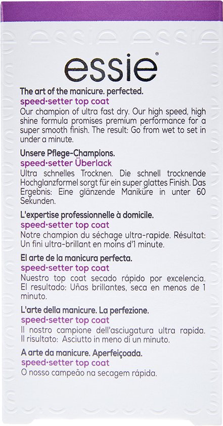 Achterkant van de Essie Speed Setter Top Coat verpakking met productinformatie in meerdere talen.