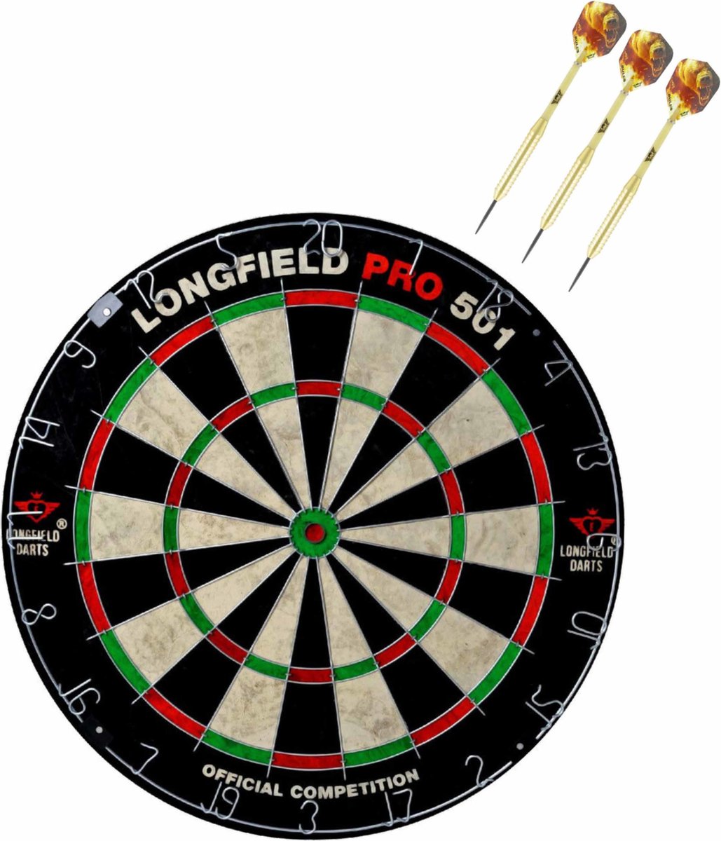 Dartbord set compleet van diameter 45.5 cm met 3x Bulls dartpijlen van 21 gram - Professioneel darten pakket