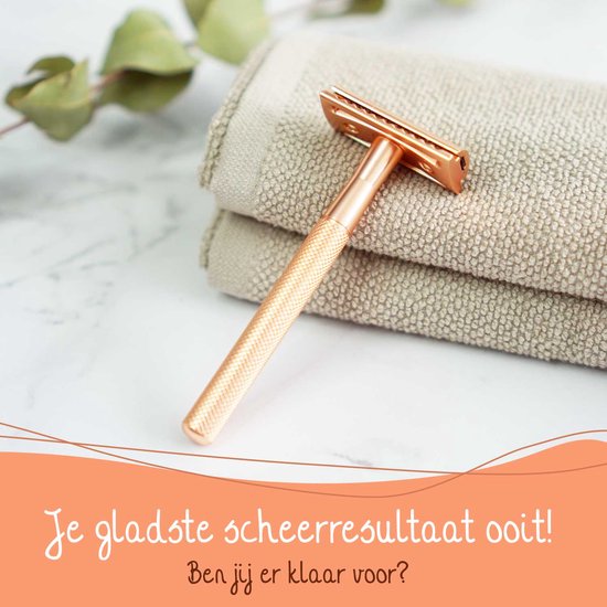 Bamboozy Safety Razor RVS + 20 Scheermesjes Rose Gold Goud voor Vrouwen Dames Zero Waste Duurzaam Scheermesje Veiligheidsscheermes