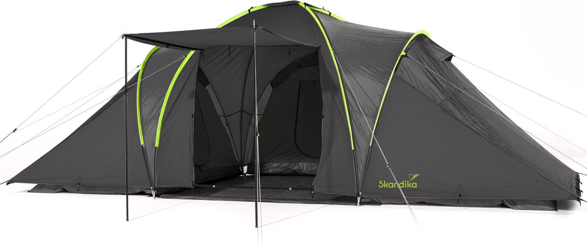 Skandika koepeltent Daytona 6 personen - Familietent met 3 slaapcabines, 3000 mm waterkolom, 195 cm stahoogte, muskietennetten, zonneluifel | Kampeertent voor familie en vrienden (antraciet/groen)