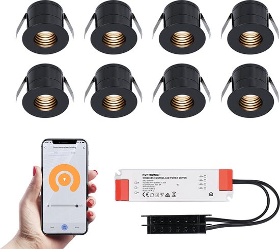 8x Betty zwarte Smart LED Inbouwspots complete set - Wifi & Bluetooth - 12V - 3 Watt - 2700K warm wit