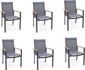 Set - Lot de 6 chaises de jardin DORA avec accoudoirs - Fauteuil de jardin - Empilable - Plastique recyclé - Aluminium - Bois d'eucalyptus - Gris foncé