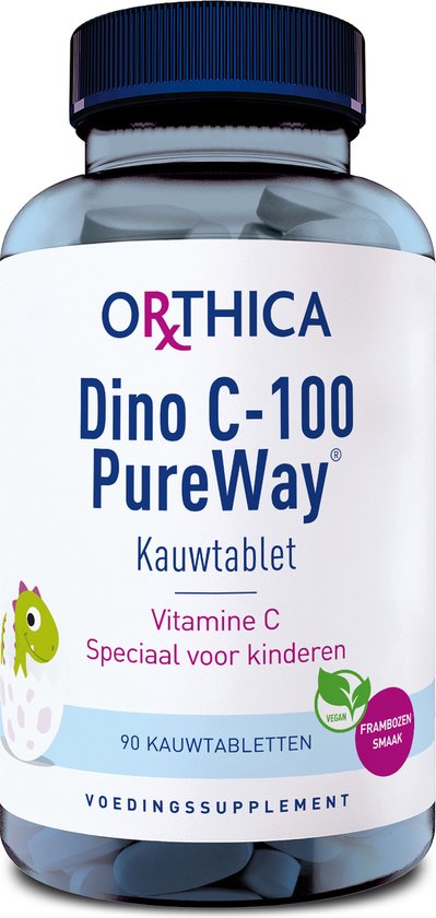 Glazen pot Orthica Dino C-100 PureWay kauwtabletten met vitamine C voor kinderen.