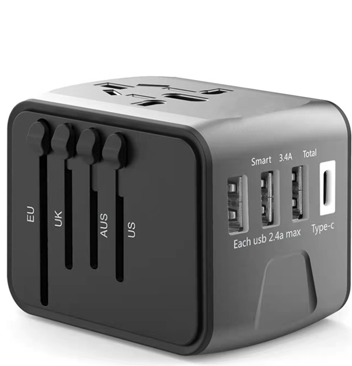 Fedec Universele Wereldstekker met 3 USB-poorten en 1 USB-C poort - Voor 150+ Landen - Zwart