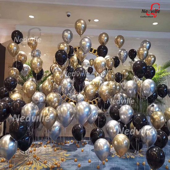 50 st. Luxe assortiment grote ballonnen - Nedville collectie - metallic zilver, metallic goud, metallic zwart - verjaardag ballonnen - groot 36 cm lang - hoge kwaliteit bio afbreekbaar latex - voor helium, lucht, etc. - met snel sluiters t.w.v. 10,95