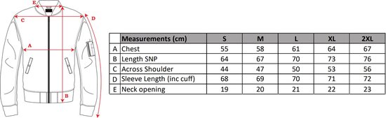 Maattabel voor bomberjack met afmetingen: Chest, Length SNP, Across Shoulder, Sleeve Length en Neck opening in cm.