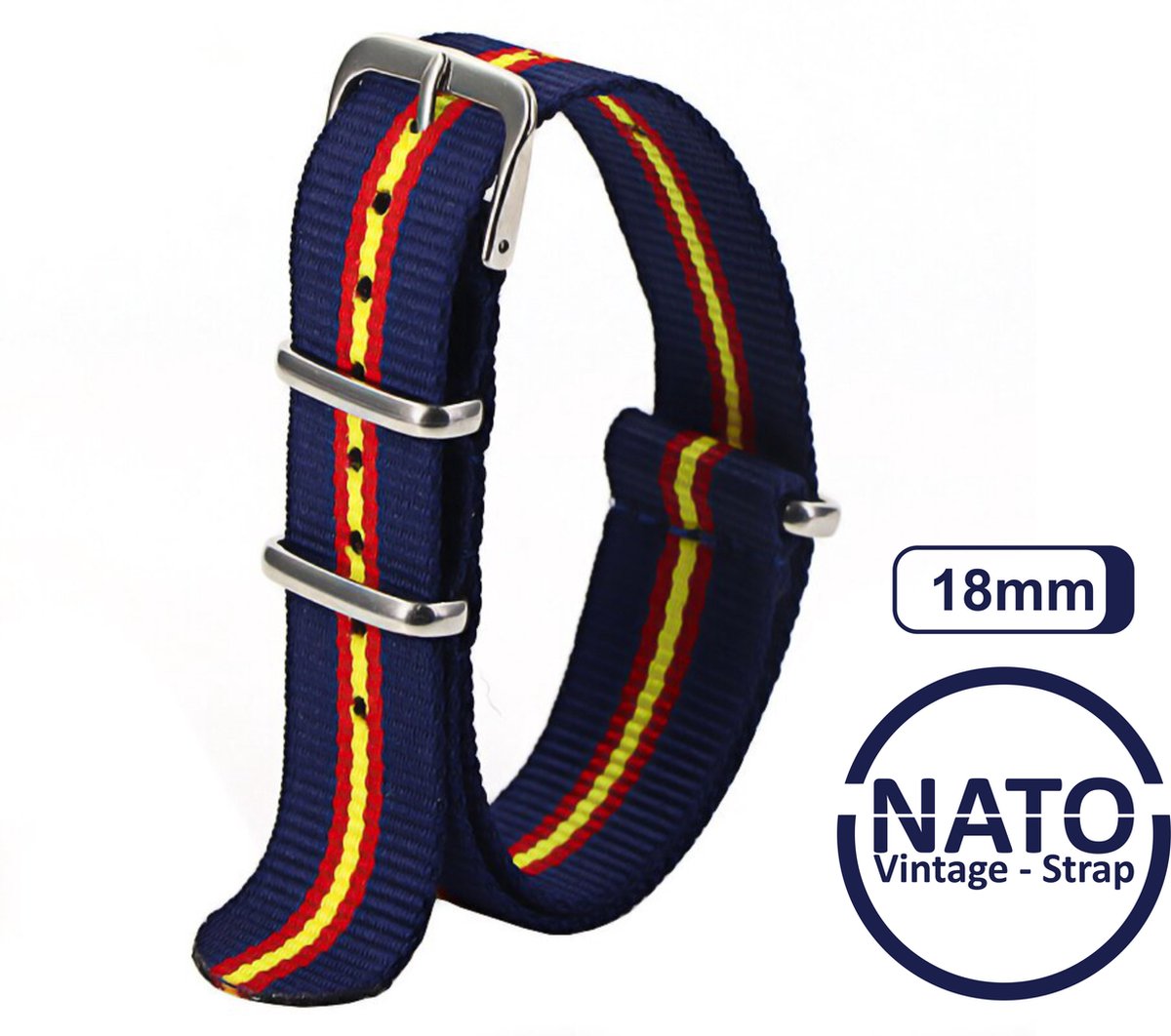 18mm Premium Nato Strap Rood Geel Blauw - Vintage James Bond - Nato Strap collectie - Mannen - Horlogeband - 18 mm bandbreedte voor oa. Seiko Rolex Omega Casio en Citizen