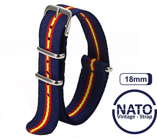Bracelet Nato Premium 18 mm Rouge Jaune Blauw - Vintage James Bond - Collection Nato Strap - Homme - Bracelet de montre - Largeur de bande 18 mm pour par ex. Seiko Rolex Omega Casio et Citizen