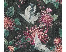 KRAANVOGEL BEHANG - zwart rood groen - AS Creation Asian Fusion