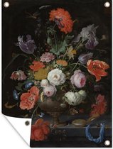 Tuinschilderij Stilleven met bloemen en een horloge - 60x80 cm - Tuinposter - Tuindoek - Buitenposter