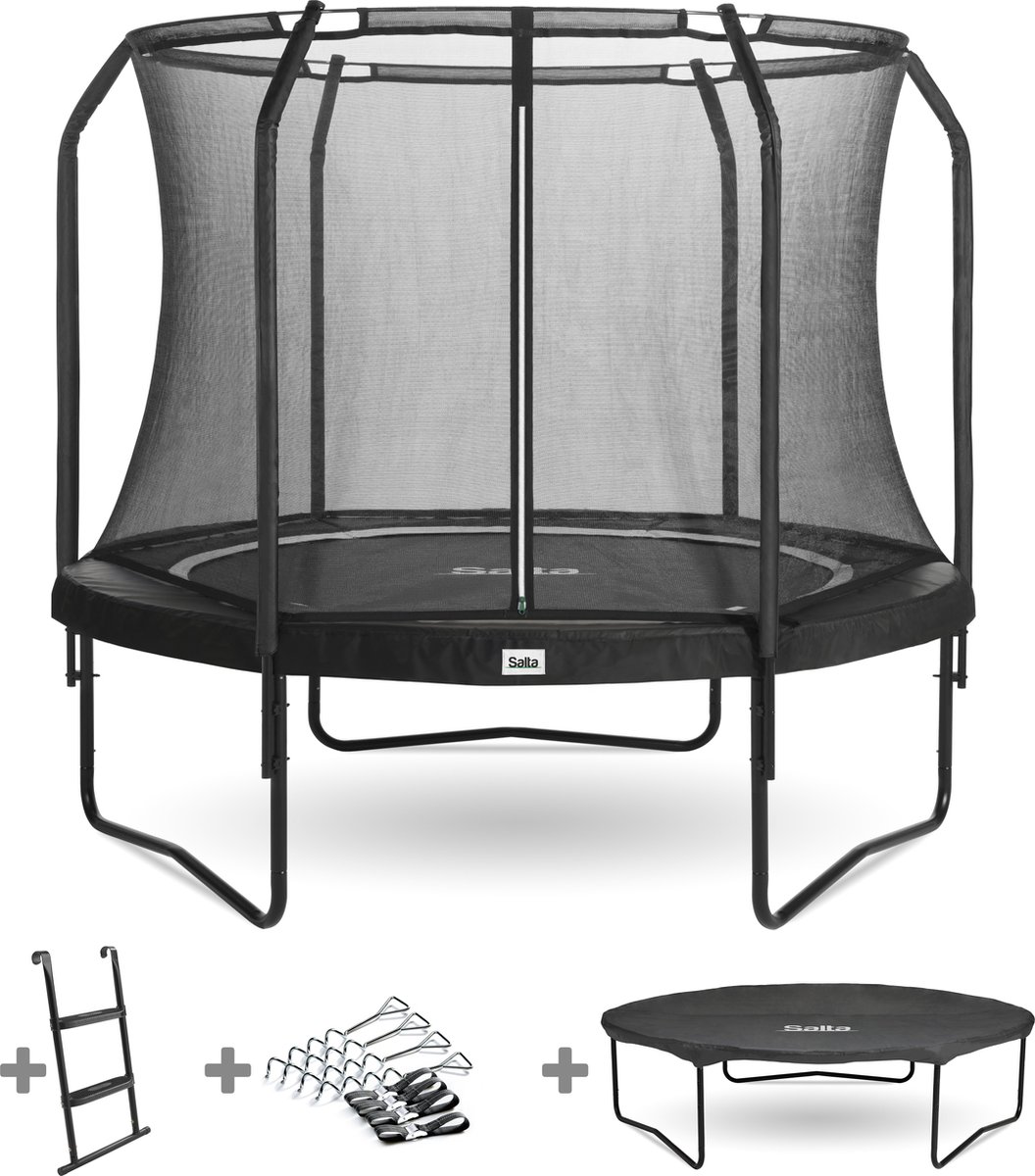 Salta Premium Black Edition - Trampoline - Inclusief veiligheidsnet, ladder, afdekhoes en verankeringsset - ø 305 cm - Rond Zwart