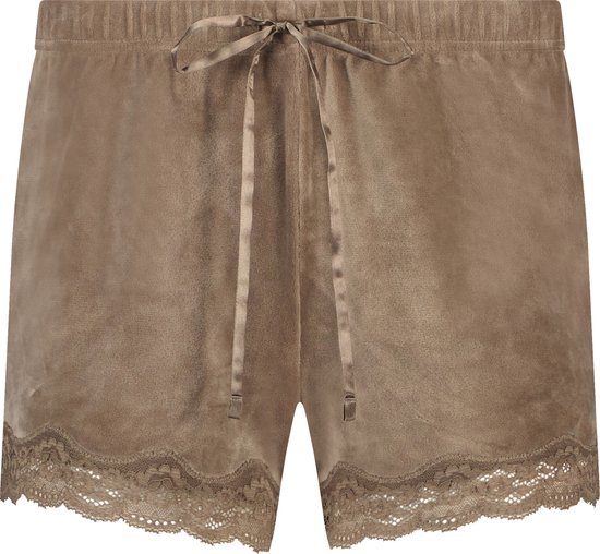 Hunkemöller Dames Nachtmode Shorts Velours Lace - Bruin - maat XL