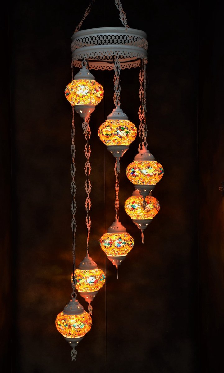 Hanglamp multicolour glas mozaïek Oosterse lamp kroonluchter Crèmewit 7 bollen