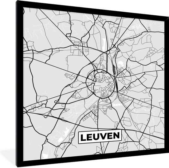 Fotolijst incl. Poster Zwart Wit- Stadskaart – Zwart Wit - Kaart – Leuven – België – Plattegrond - 40x40 cm - Posterlijst