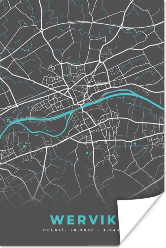 Poster Carte – Plan d'étage – Plan de Ville – Wervik – België - Grijs - 20x30 cm