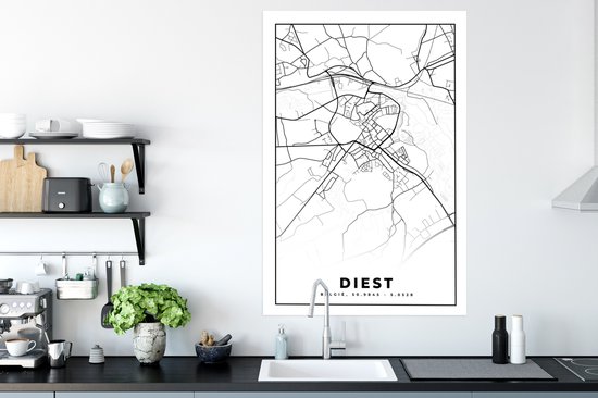 Poster Carte – Plan d'étage – Plan de ville – Diest – België – Zwart Wit - 80x120 cm