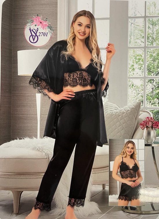 Dames Nachtjapon- Pyjama- Kimono Luxe Pyjamaset- VIP-nachtkleding met kanten- 3-delig set, jas+broek+short- 2701- Zwart- Maat S