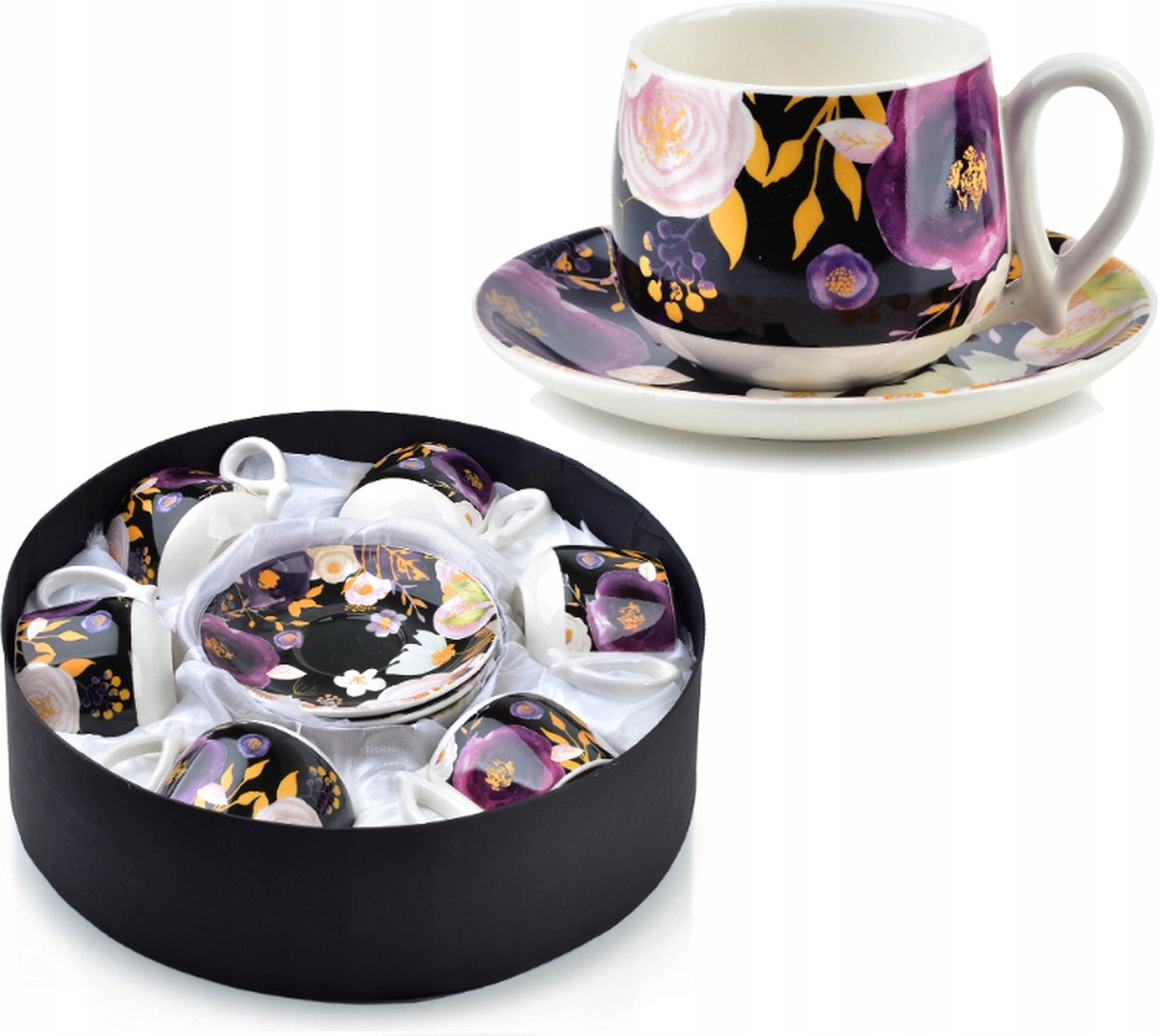 Affekdesign Monica porseleinen thee koffie kopjes set inclusief schoteltjes in geschenkverpakking bloem versiering - 6 stuks - unieke decoratie - prachtig design