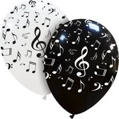 Muzieknoten ballonnen, 6 stuks, 30 cm, latex, wit/zwart bedrukt met muzieknootjes