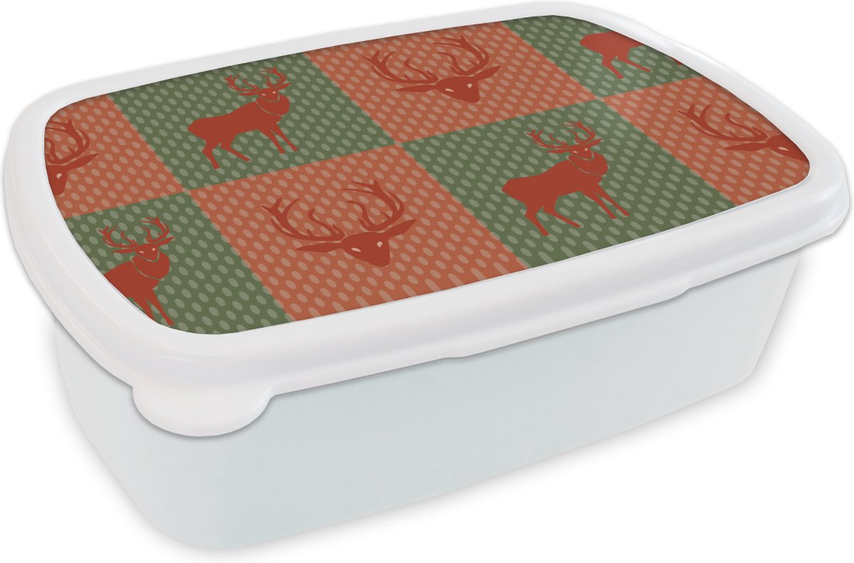 Broodtrommel Wit - Lunchbox - Brooddoos - Patroon - Hert - Groen - Rood - 18x12x6 cm - Volwassenen