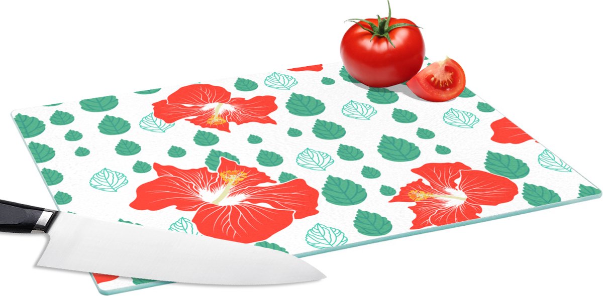 Glazen Snijplank - 39x28 - Hibiscus - Patronen - Hawaii - Bladeren - Bloem - Snijplanken Glas