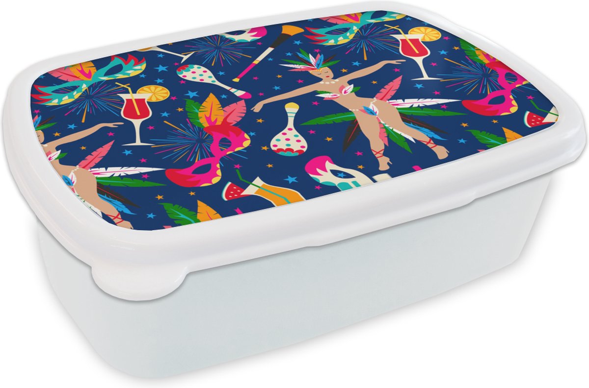 Broodtrommel Wit - Lunchbox - Brooddoos - Carnaval - Brazilië - Patronen - 18x12x6 cm - Volwassenen