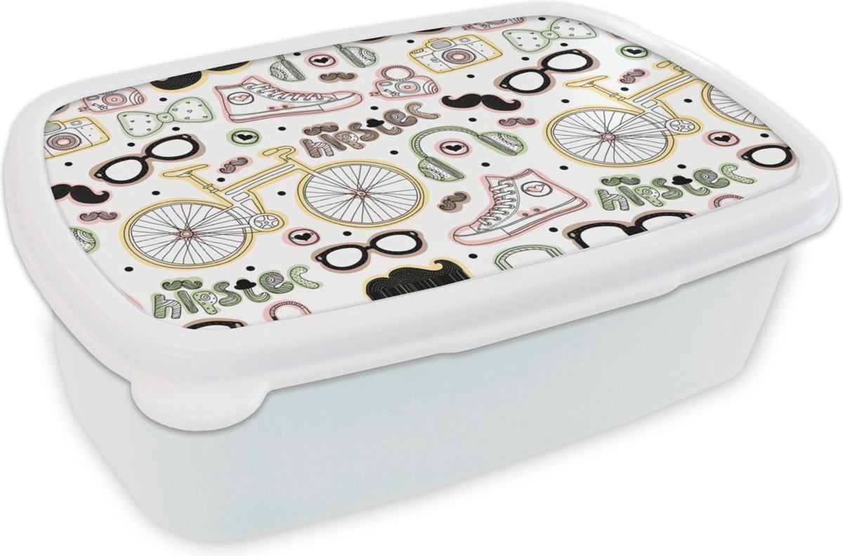 Broodtrommel Wit - Lunchbox - Brooddoos - Doodle - Koptelefoon - Patroon - 18x12x6 cm - Volwassenen