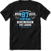 97 Jaar Legend - Feest kado T-Shirt Heren / Dames - Wit / Blauw - Perfect Verjaardag Cadeau Shirt - grappige Spreuken, Zinnen en Teksten. Maat 3XL