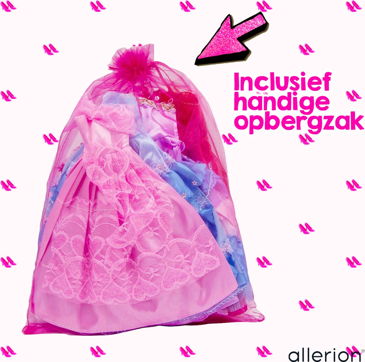 Allerion Jurkjes Set – Geschikt voor Poppen - 8 stuks – Poppenkleding - Verschillende kleuren; Roze, Rood, Paars, Blauw – In Opbergzakje – Past door Brievenbus — afbeelding 6