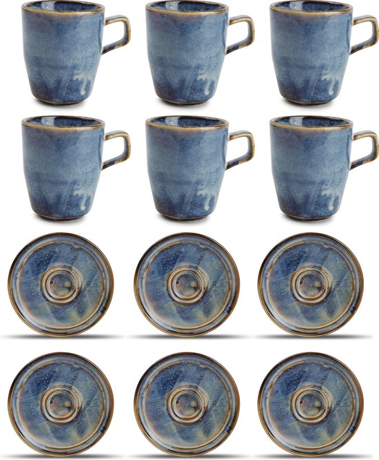 GLAMOMAX'S Choice - Blue Nova Kop en Schotel Set - 28cl - Porselein - 6 Persoons - 12-Delige Koffiebekerset - 6+6 Koffiebeker&Schotel - Blauw - Vaatwasserbestendig