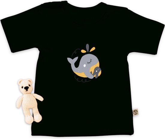 Wooden Buttons - T Shirt Baby - Schattige Walvis Print - Zwart - Maat 86