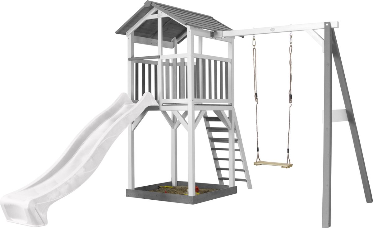 AXI Beach Tower Speeltoestel in Grijs/Wit - Speeltoren met Zandbak, Schommel en Witte Glijbaan - FSC hout - Speelhuis op palen voor de tuin — afbeelding 8