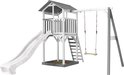 Houten speelhuis met grijze en witte kleuren, witte glijbaan, zandbak en schommel.