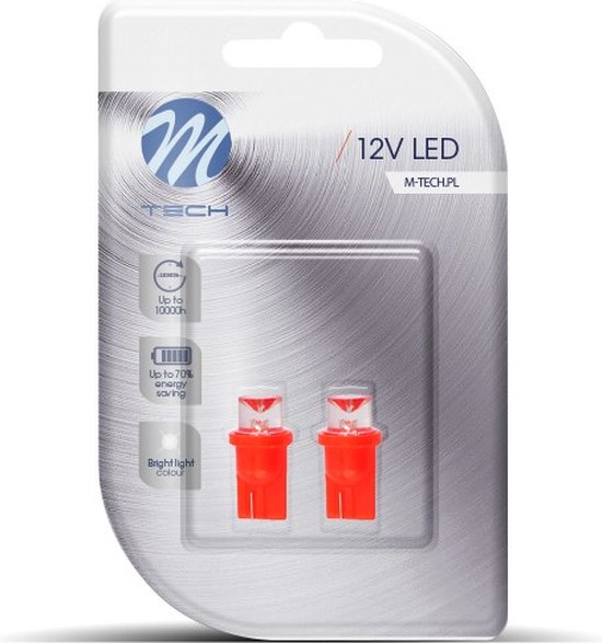 Verpakking met twee rode M-Tech 12V LED lampjes. De verpakking toont het M-Tech logo.