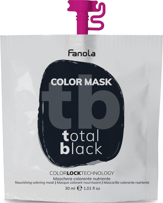 Fanola Color Mask TB Total Black haarmasker in een witte sachet met roze dop. Tekst: COLOR MASK tb total black.