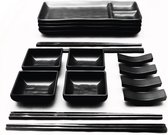 GOLIBER Japanse Melamine Sushi Gerechten Zwarte Set (16 stuks) - Bevat 4 Zwarte Gerechten, 4 Sauskommen, 4 Eetstokjes en 4 Eetstokjes Dienblad - Aziatische Gerechten Set (Zwart)