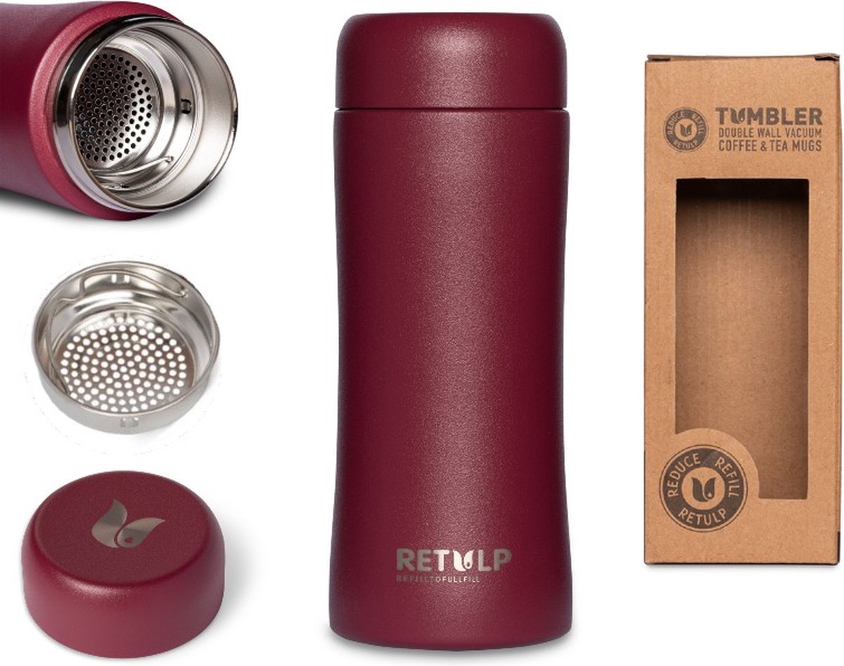 Retulp Tumbler - Thermosbeker - Thermosfles - Ruby Red - 300 ml - Koffiebeker - Travel Mug - RVS