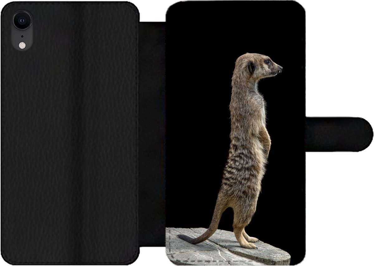 Telefoonhoesje Geschikt voor iPhone XR telefoonhoesje - Stokstaartje - Wilde dieren - Zwart - Met vakjes - Wallet case met magneetsluiting