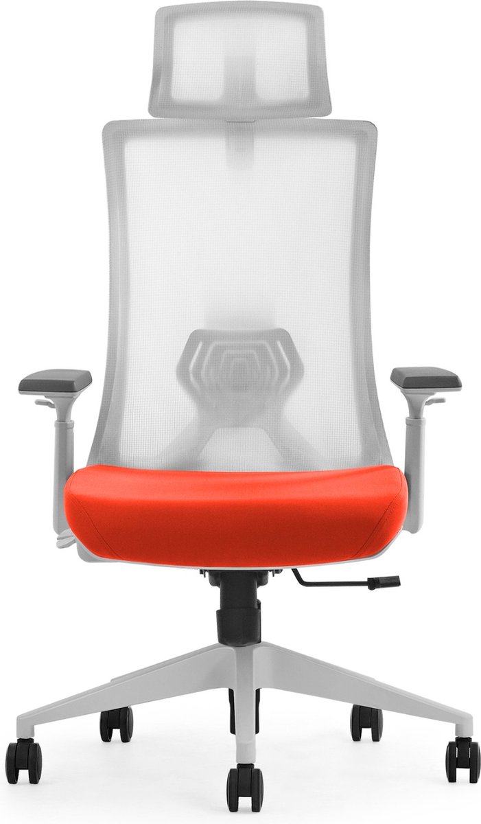 Euroseat ergonomische bureaustoel met hoofdsteun Verona. Uitvoering witte Mesh rug & zitting oranje gestoffeerd. Voldoet aan de NEN EN 1335 norm.